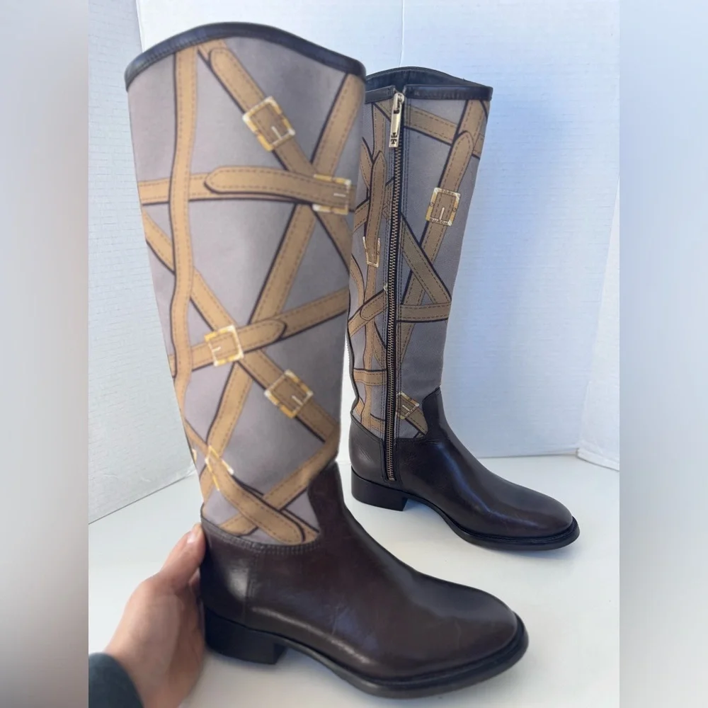 Tory Burch Felix Leather Canvas Tall Zip Equestrian Riding Boot Women’s Size 5
